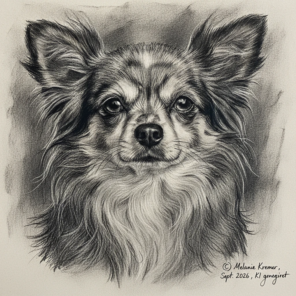 Retrato expresivo a carboncillo de un chihuahua anciano de pelo largo