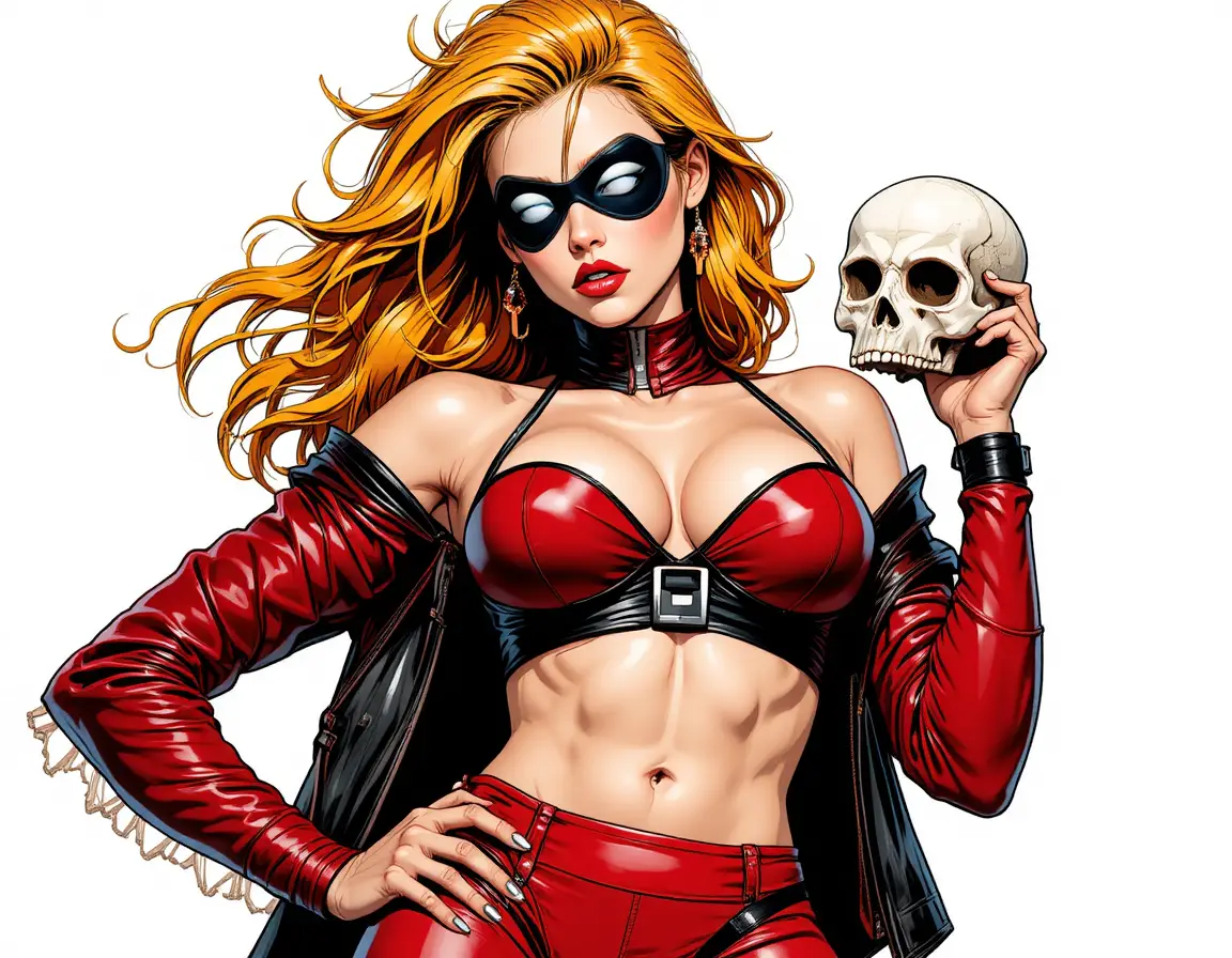 Bold orange haired pirate girl with skull in comic style