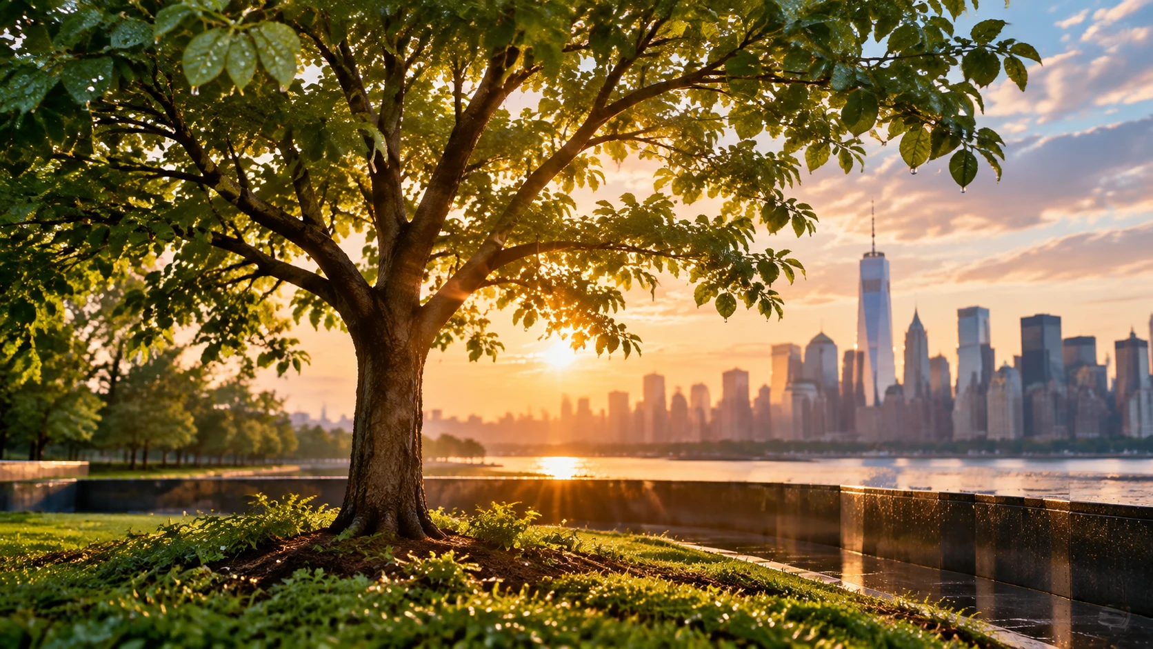 Lone Tree In Quiet Memorial Park At Dawn