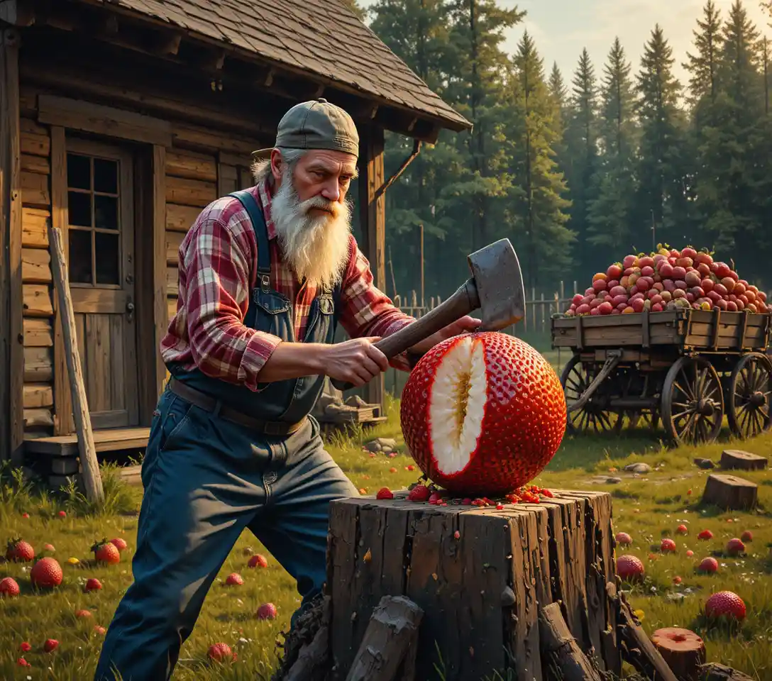Elderly Lumberjack Chopping Giant Strawberry At Sunset
