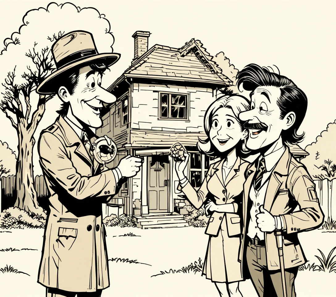 Cartoon family receiving a house key in front yard