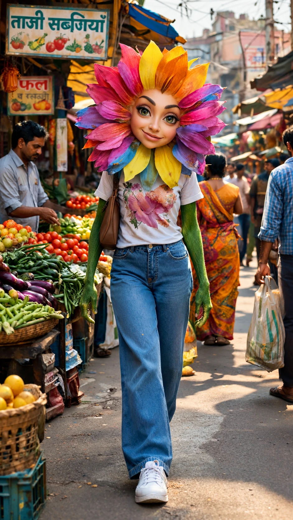 Flor antropomórfica caminando por un mercado callejero de la India
