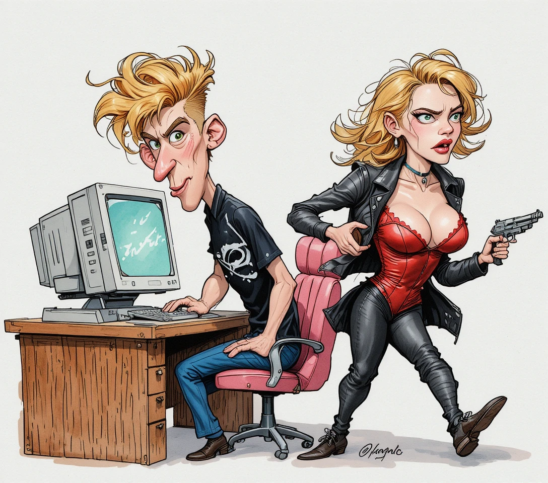 Gestresster Comic-Mann am Retro-Computer im Comicstil