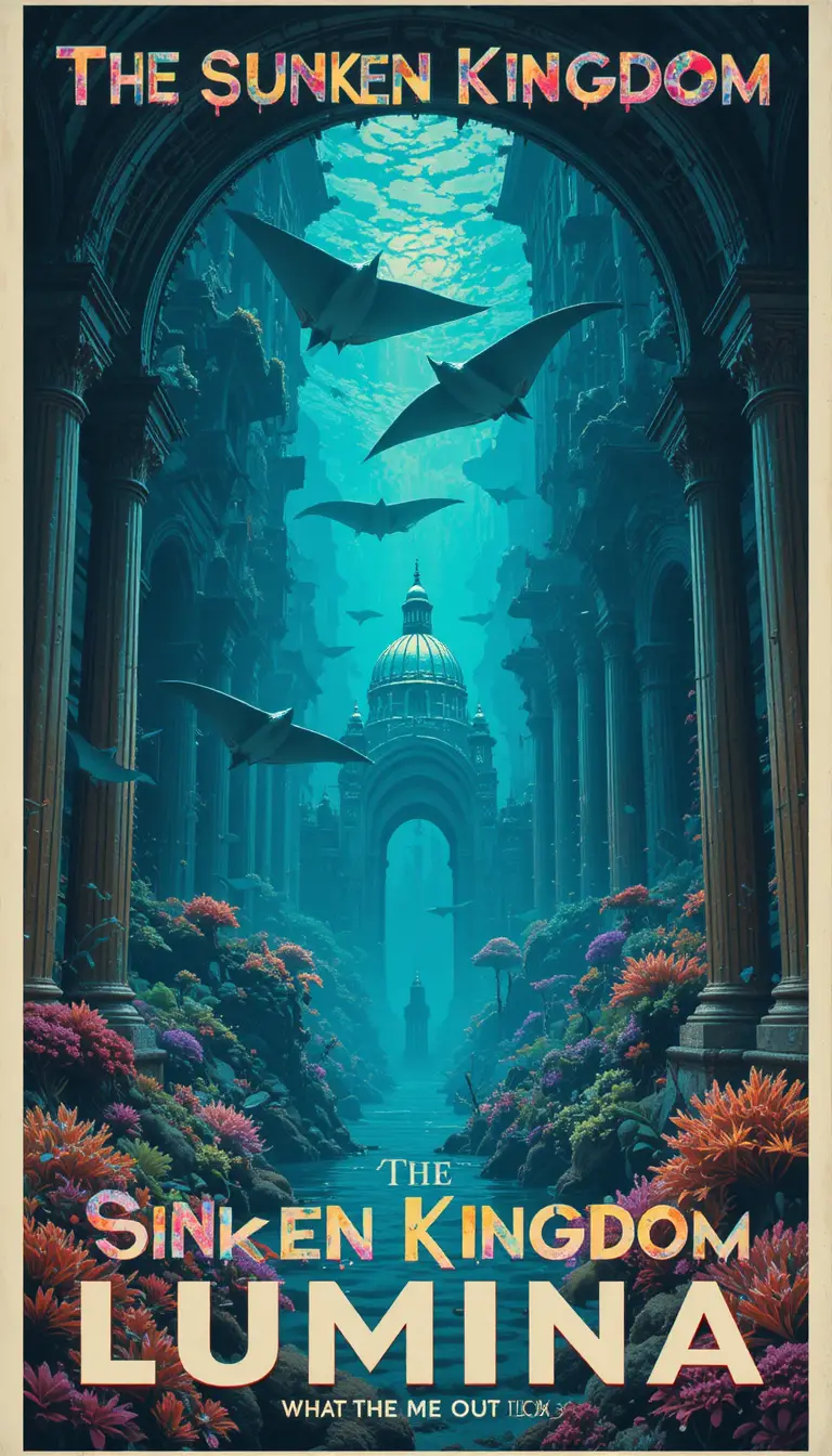 Retro poster of an underwater city with luminous coral arches