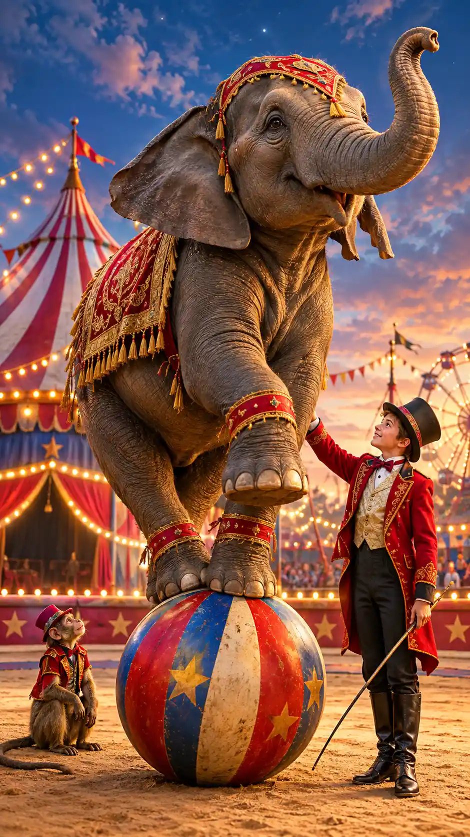 Escena de circo colorida con acróbatas, luces y carpa a rayas