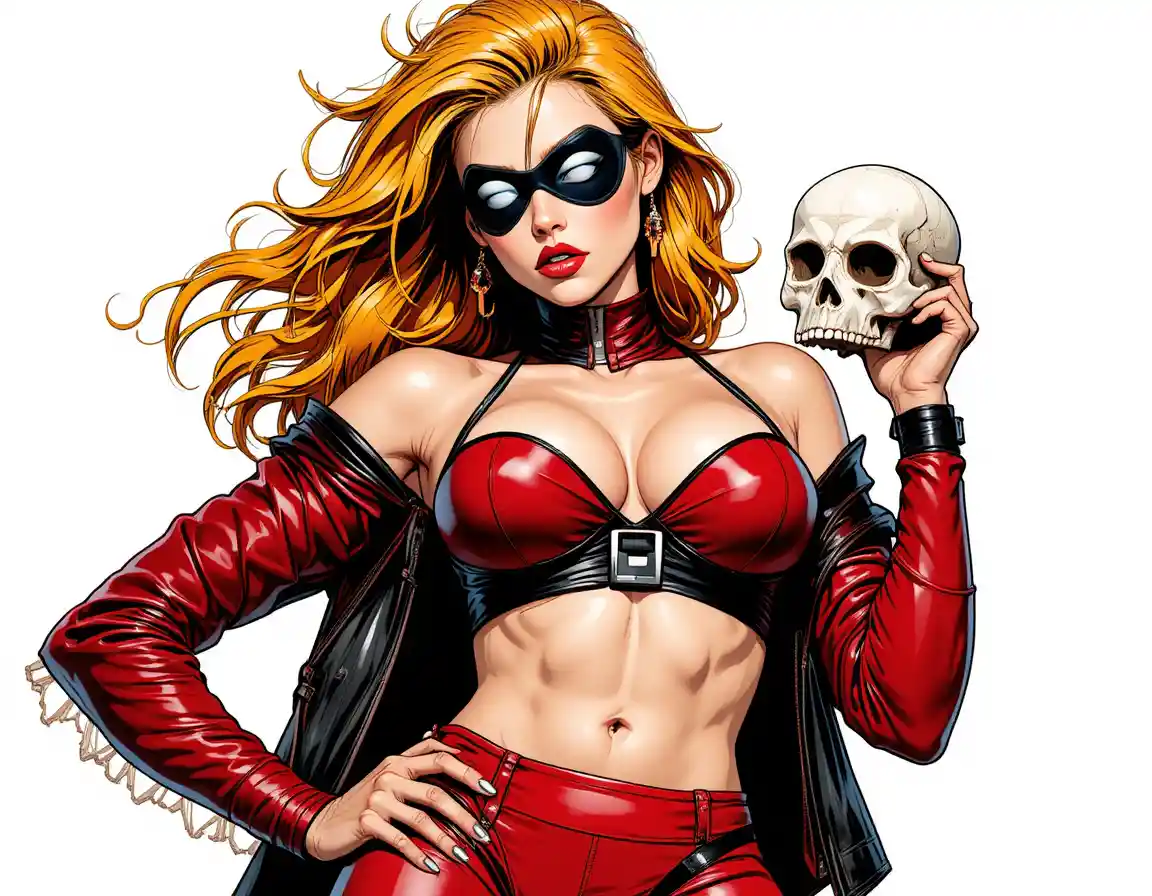 Atrevida chica pirata de pelo naranja con calavera en estilo cómic
