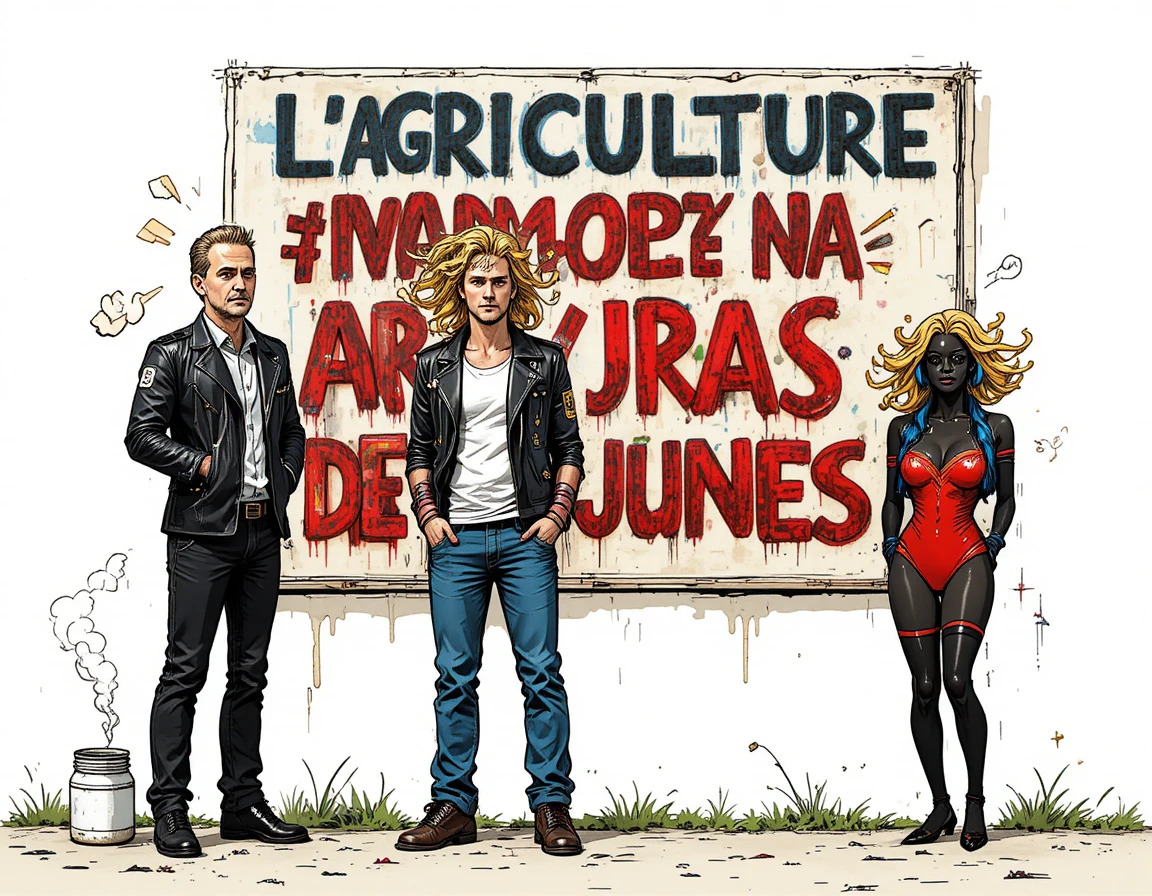 Cartoon-Gruppe junger Männer, die sich über Farmarbeit lustig macht – Poster