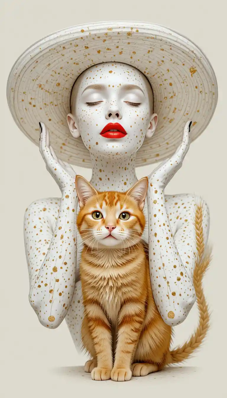 Mujer de piel de porcelana con puntos dorados y sombrero blanco