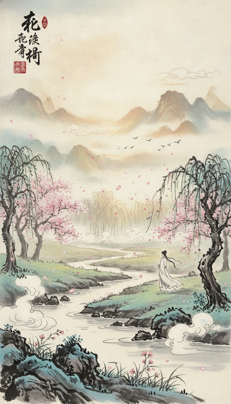 Anime ink meadow with graceful spring willow branches