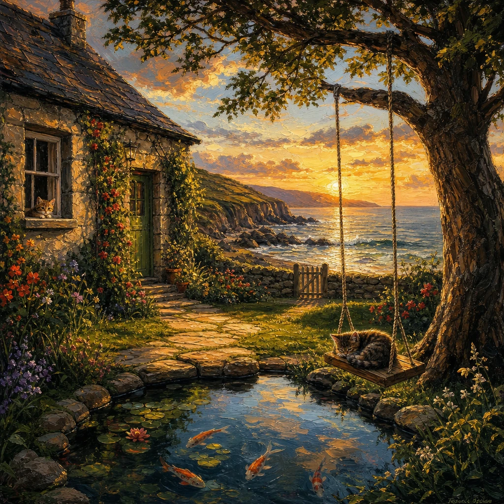 Irish cottage by the sea at warm golden hour