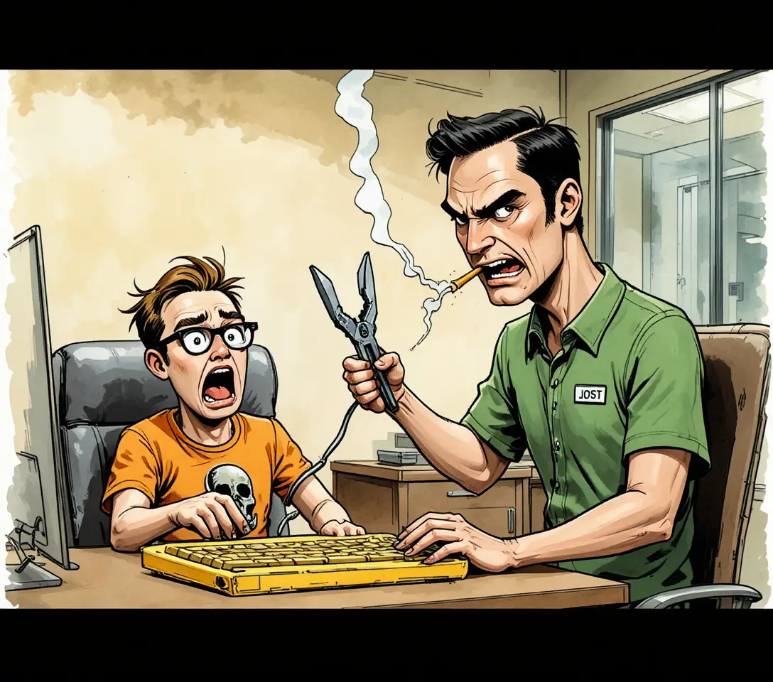 Cartoon office scene of two men fighting over a keyboard