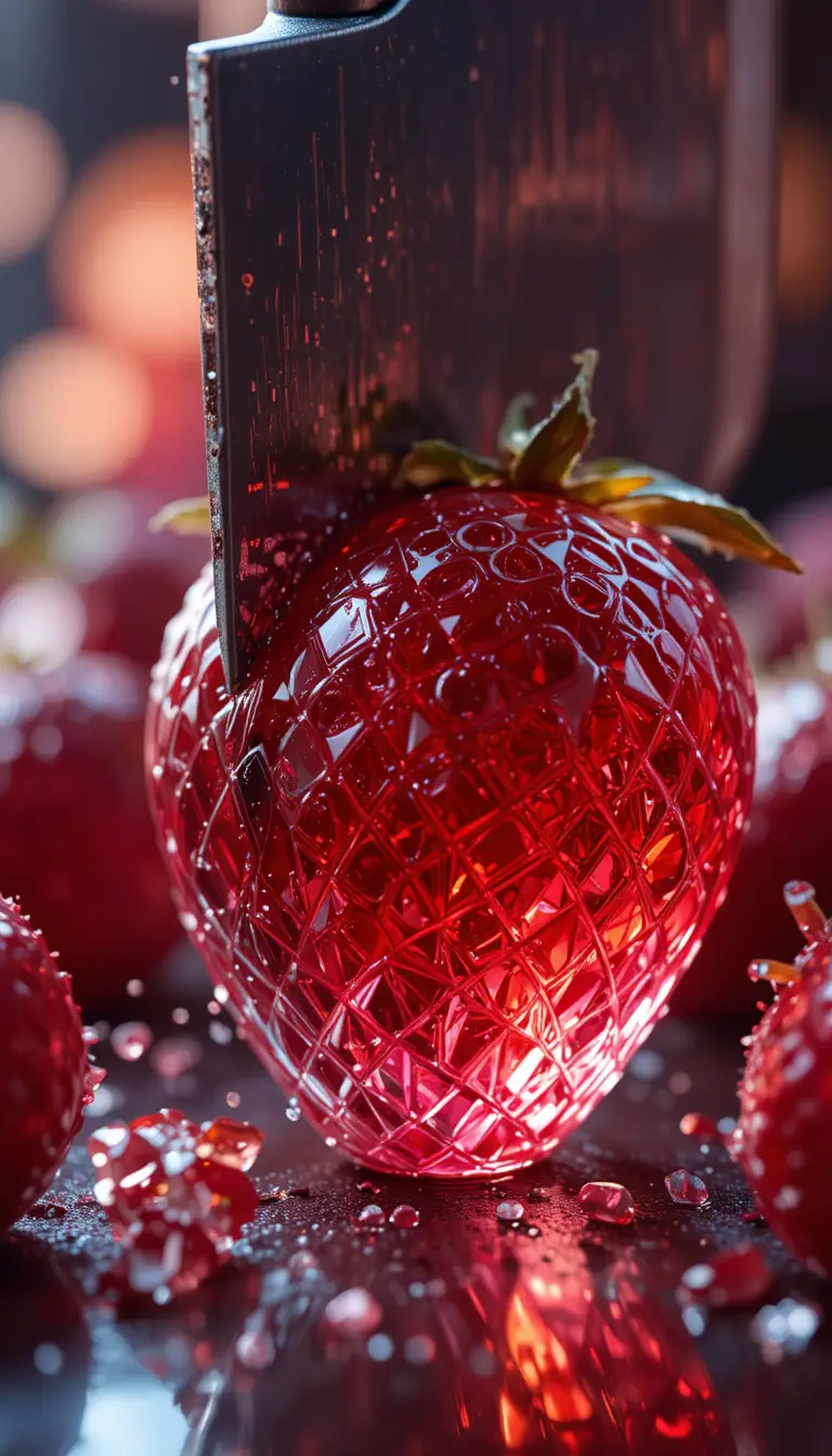 Axe cutting through a translucent glass strawberry in macro view