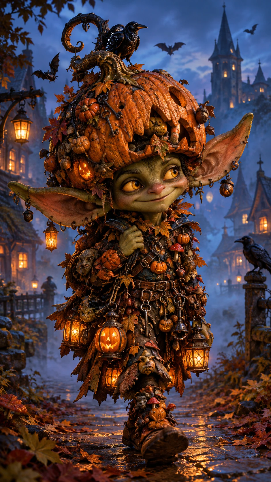 Whimsical goblin in a pumpkin helmet roaming autumn village