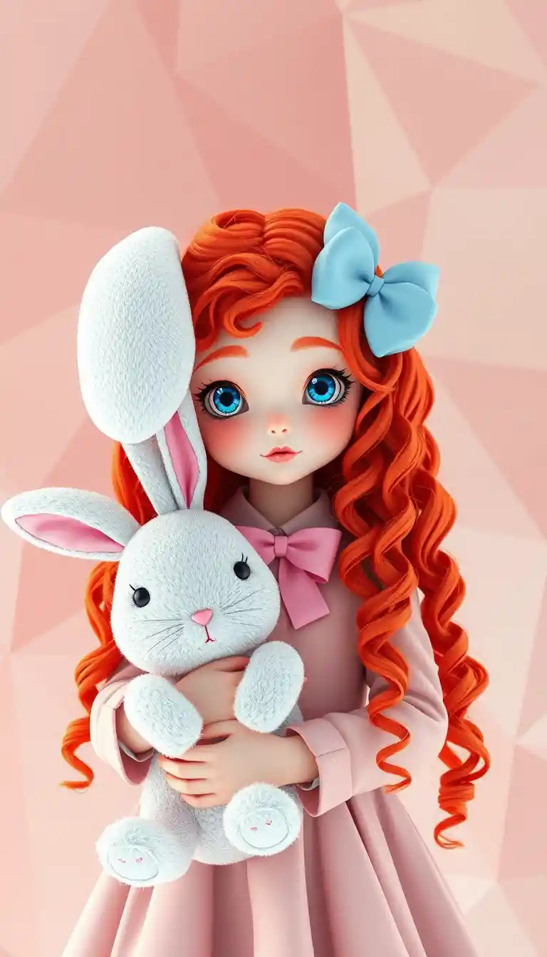 형형색색 추상 3D 장면 속 봉제 토끼를 안은 애니메이션 소녀