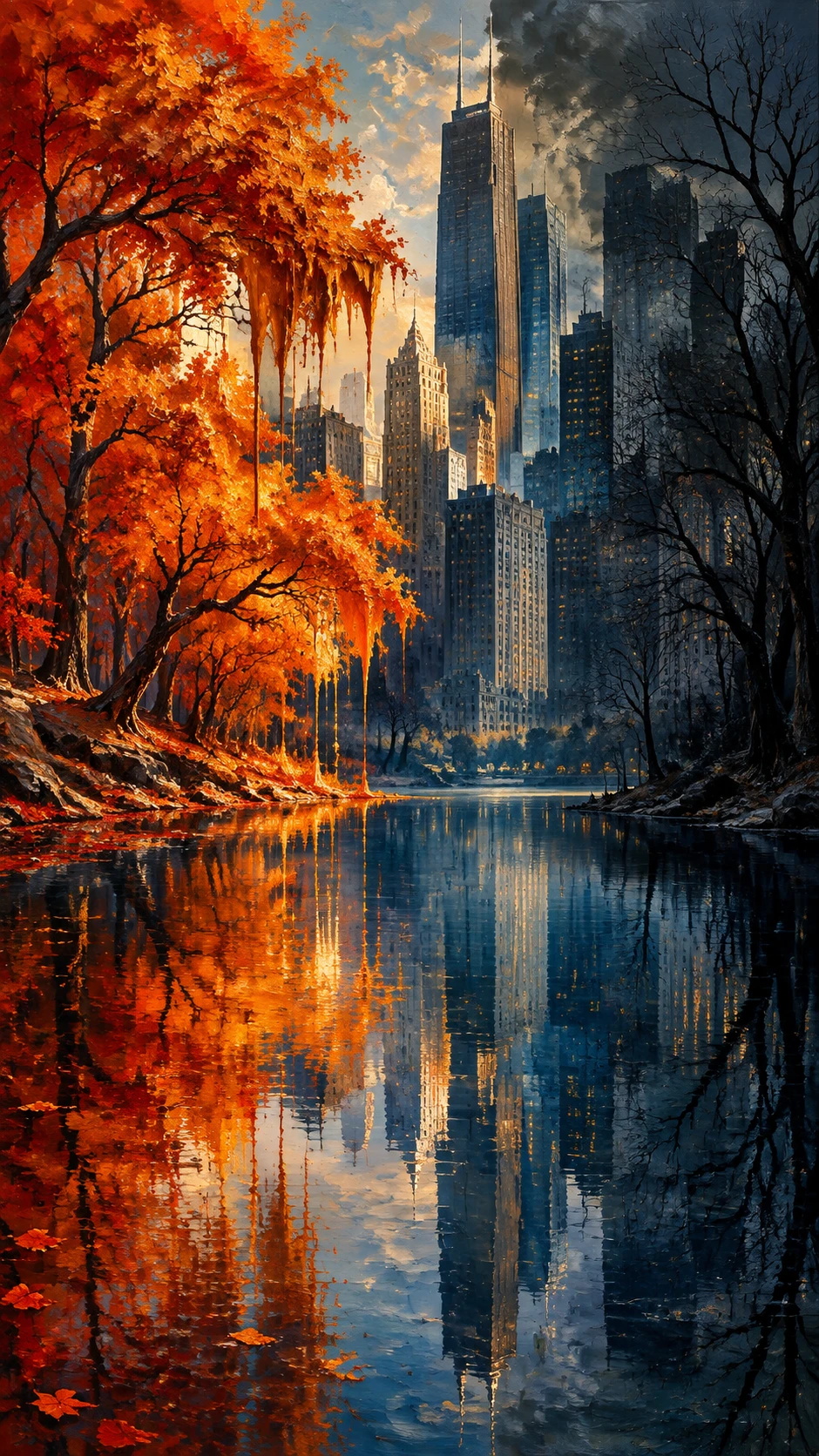 Surreal autumn cityscape reflected in deep blue water