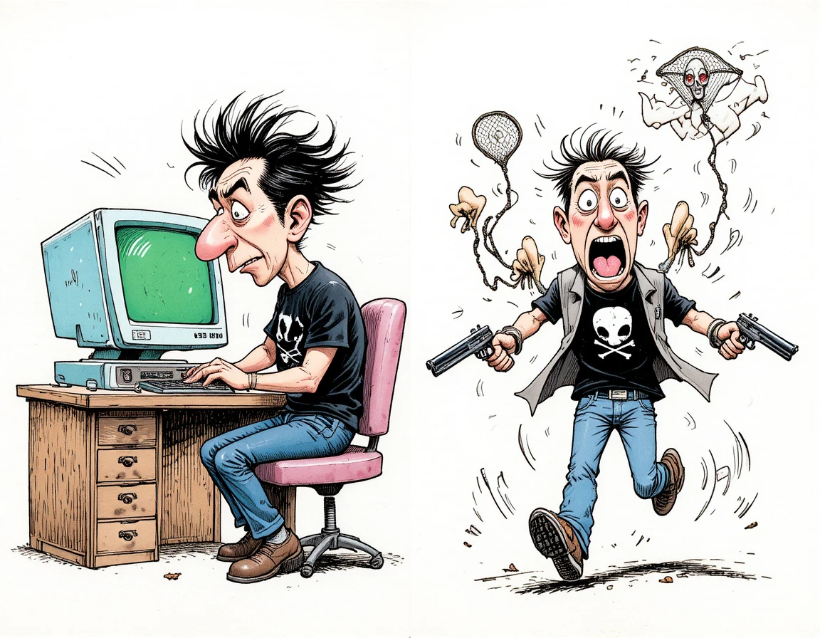 Comic-Mann, der an einem Retro-Computertisch schwitzt