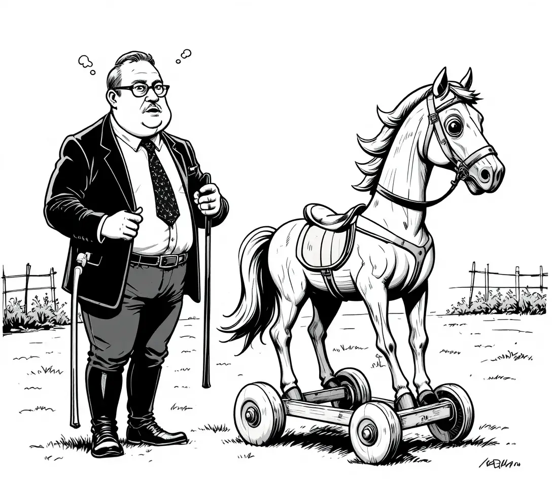 Portly rider with hobby horse in humorous cartoon scene