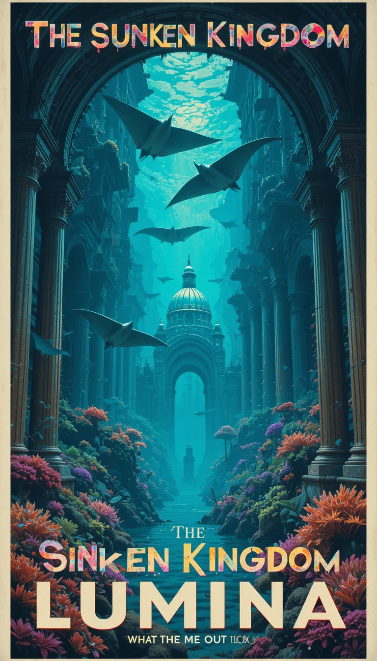 Retro poster of an underwater city with luminous coral arches