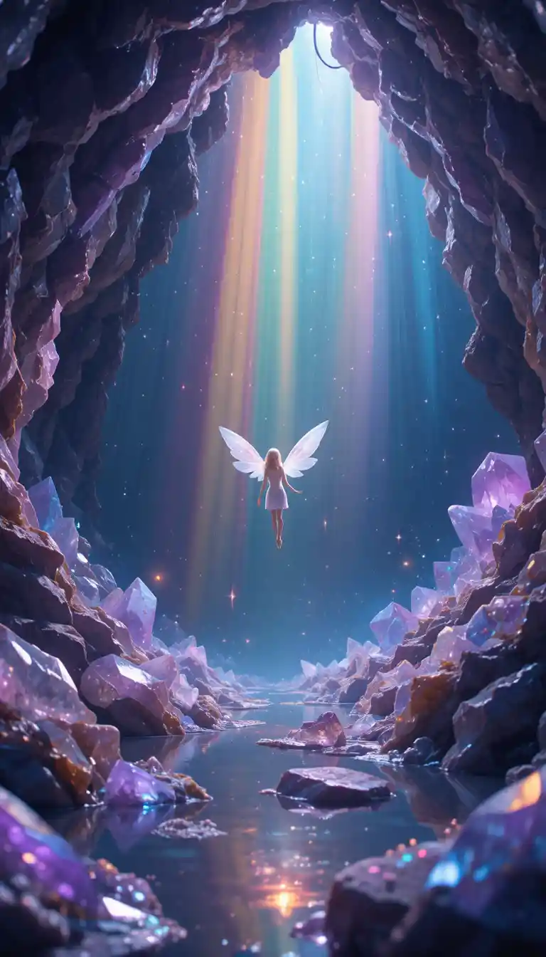 Ätherische Fee, schwebend in einer regenbogenbeleuchteten Kristallhöhle