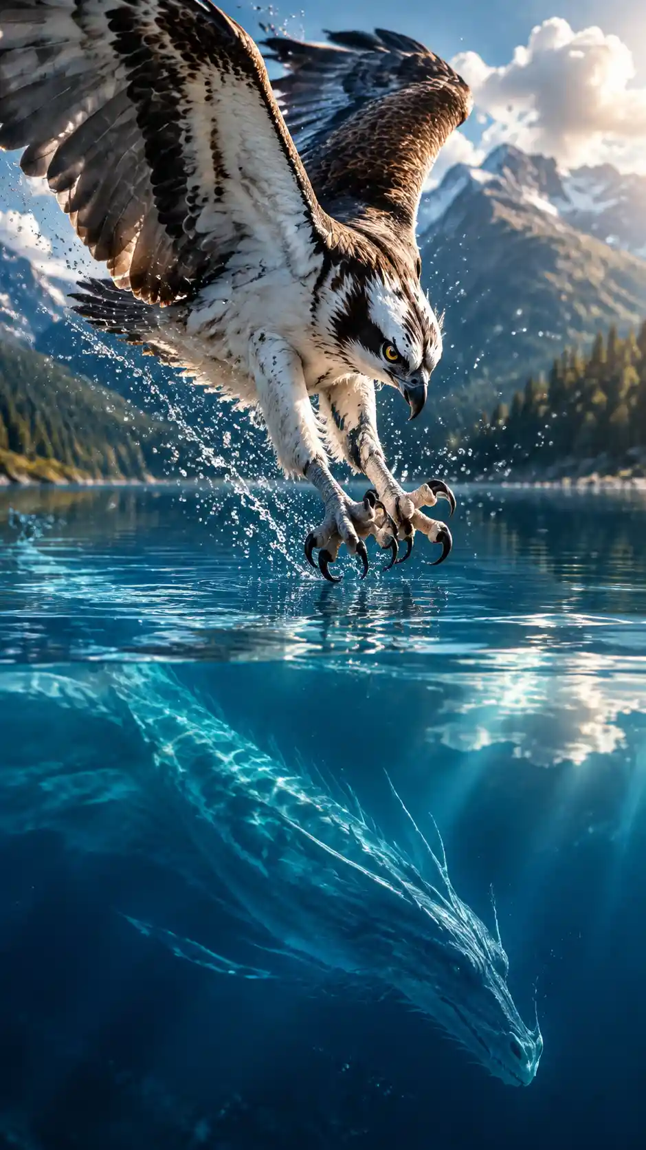 Osprey diving toward a calm blue lake with ghostly dragon
