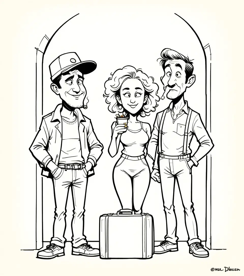 Comic trio chatting by a suitcase in a doorway scene
