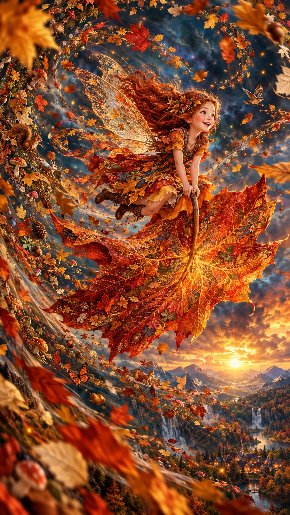 Autumn fairy racing on a giant flying maple leaf