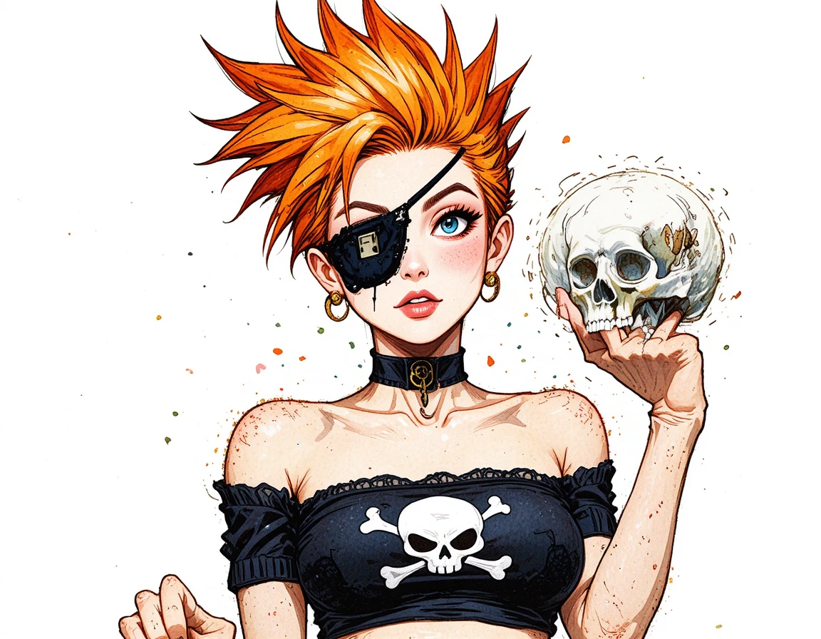 Donna anime ribelle con teschio e benda sull’occhio che regge un cranio