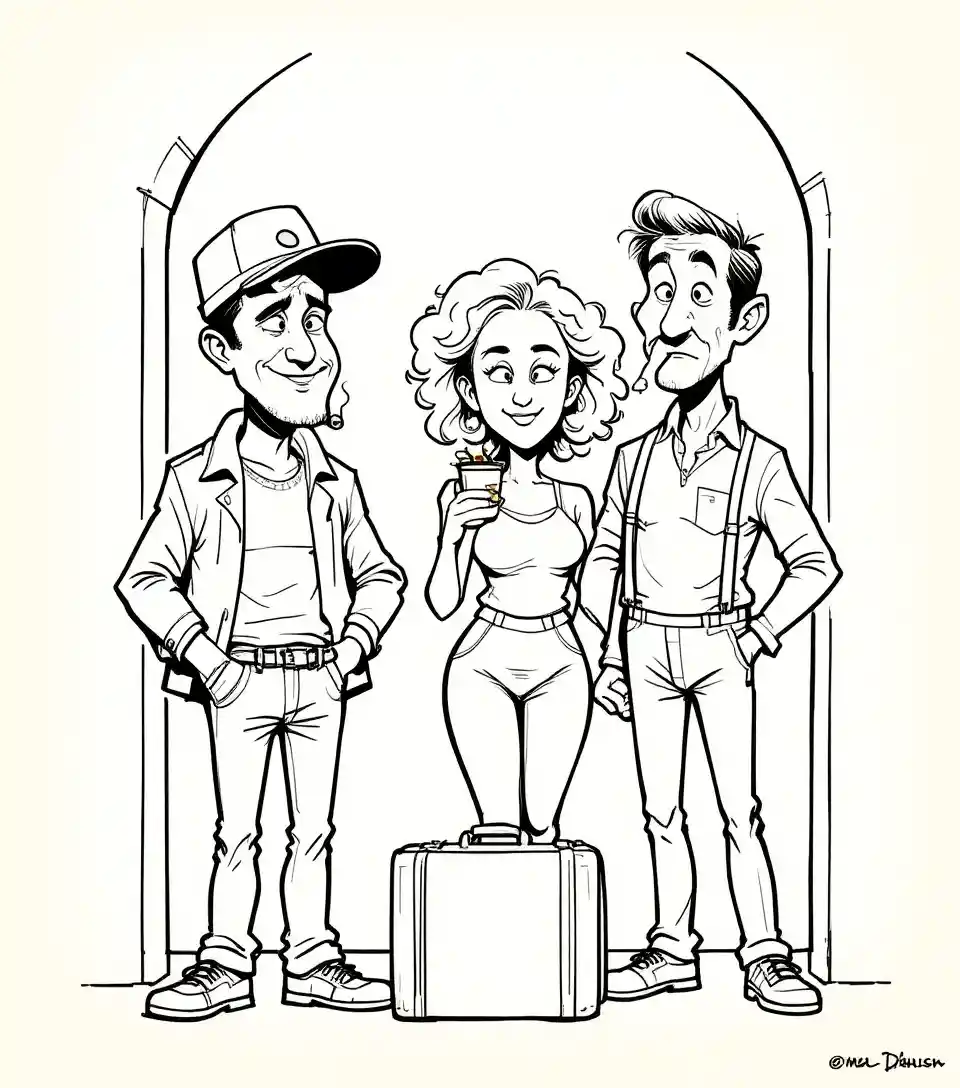 Komisches Trio, das sich bei einem Koffer in einer Türszene unterhält
