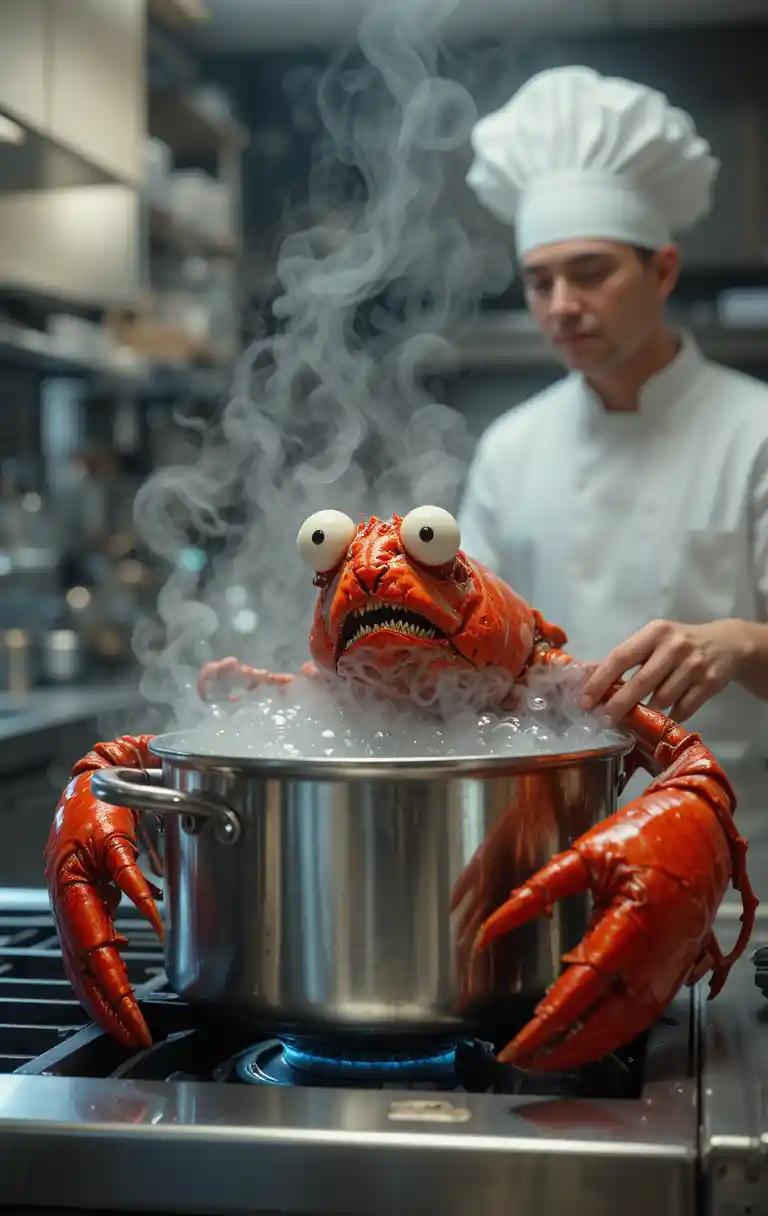Cartoon red lobster panicking near boiling pot in kitchen