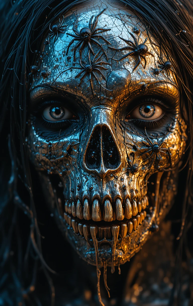 Aterradora mujer de rostro de calavera dorada con arañas trepando