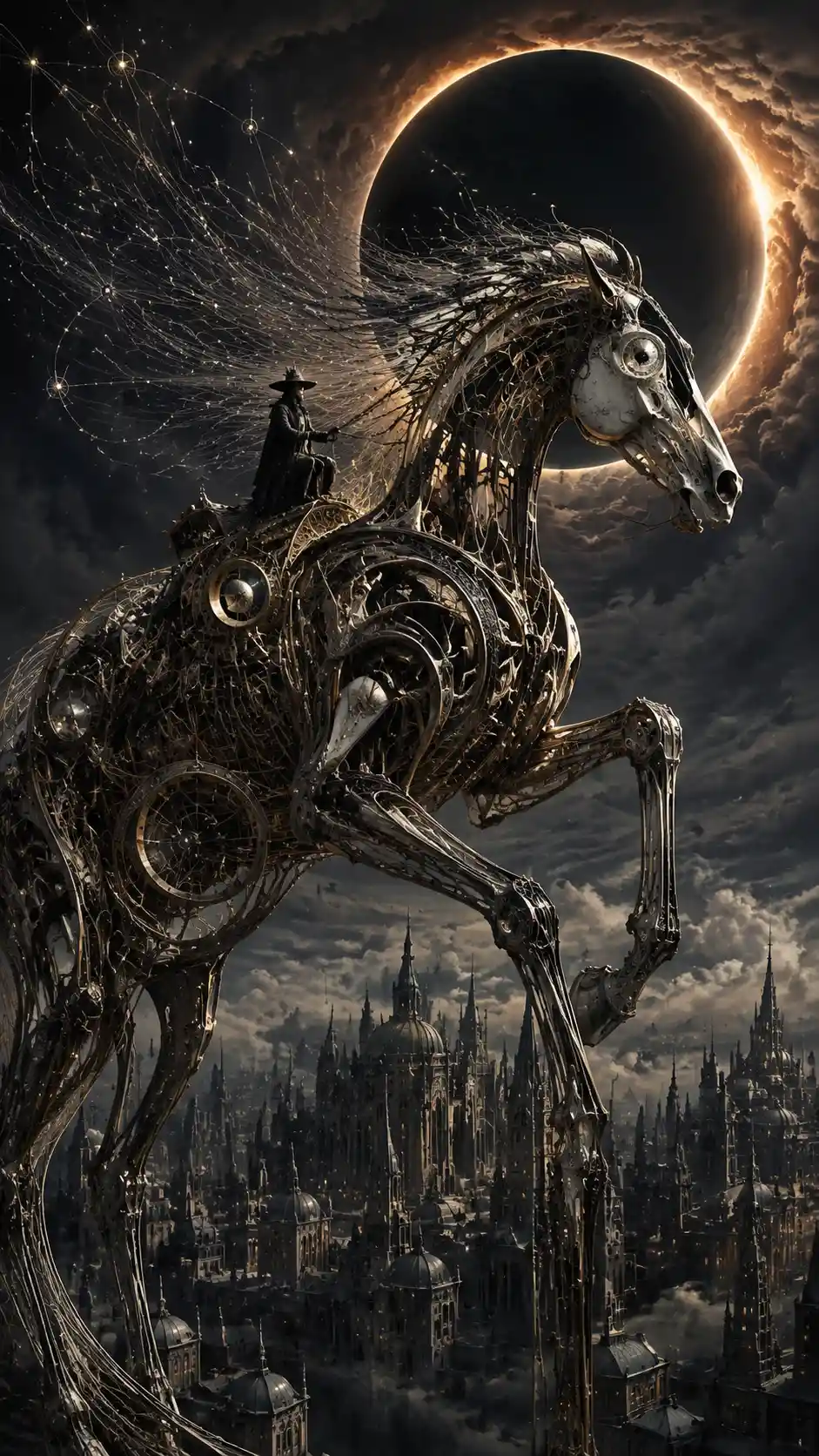 Tiny rider on colossal mechanical horse beneath dark eclipse
