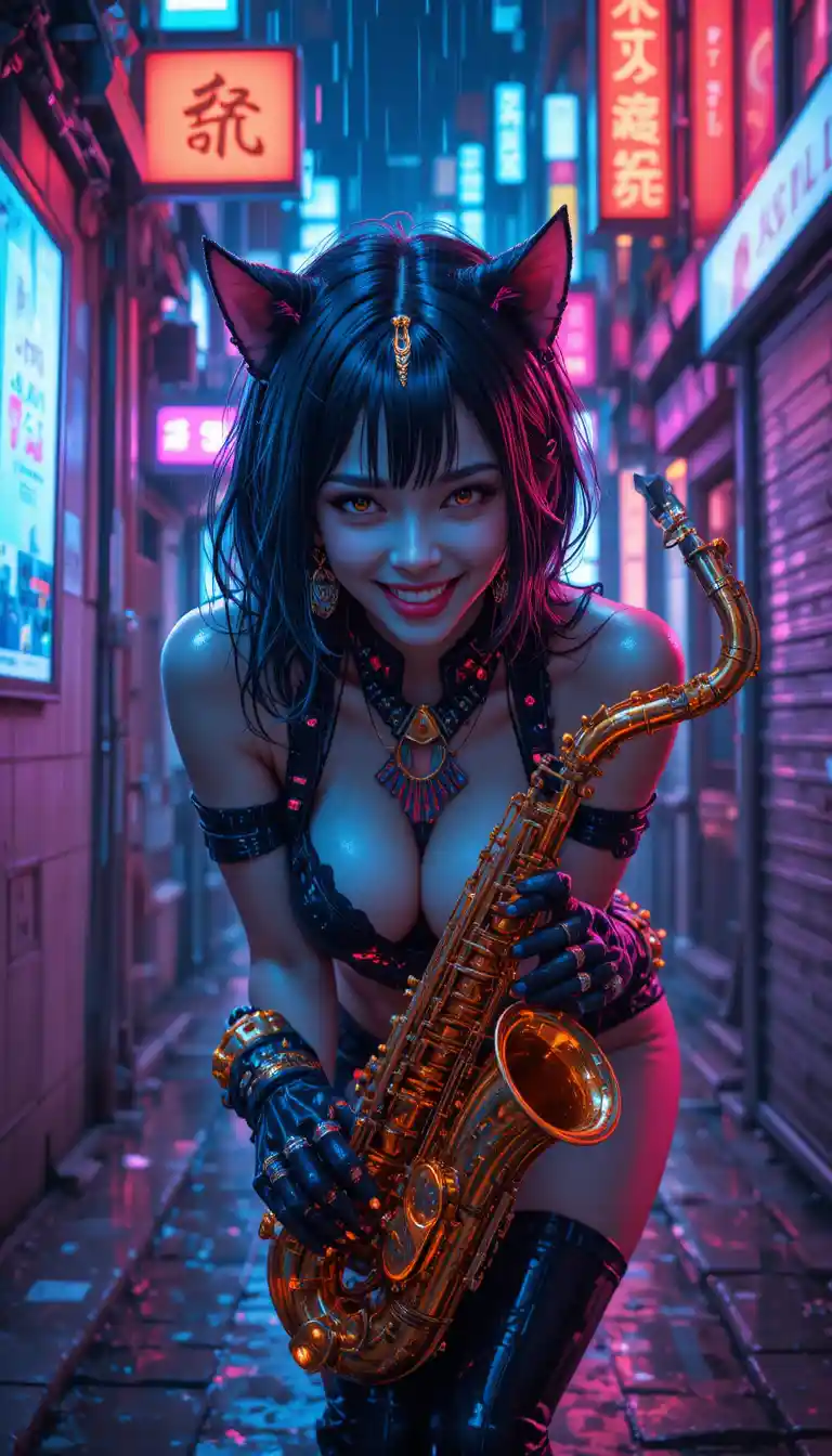 Cyberpunk-Tiger-Mädchen zwinkert in neongetränkter Gasse