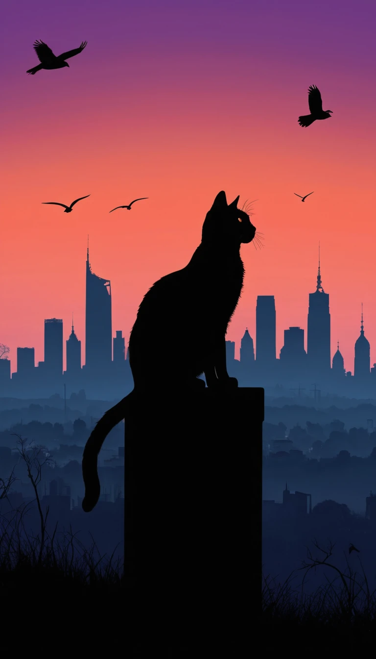Frau und Katze als Silhouetten auf einem Ast vor riesigem Mond