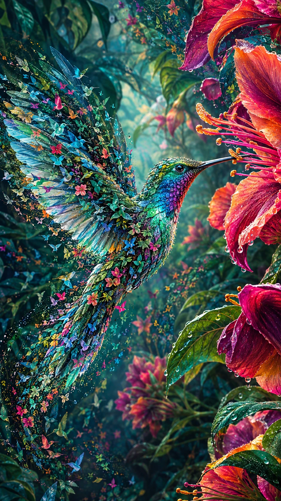 Jewel toned hummingbird made of tiny botanical symbols
