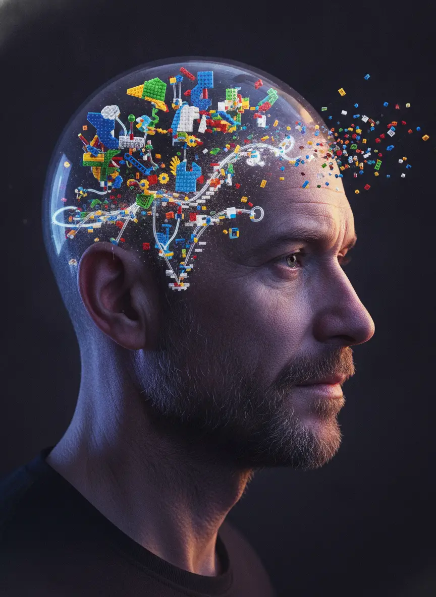 Surreal profile of a man with a Lego filled mind