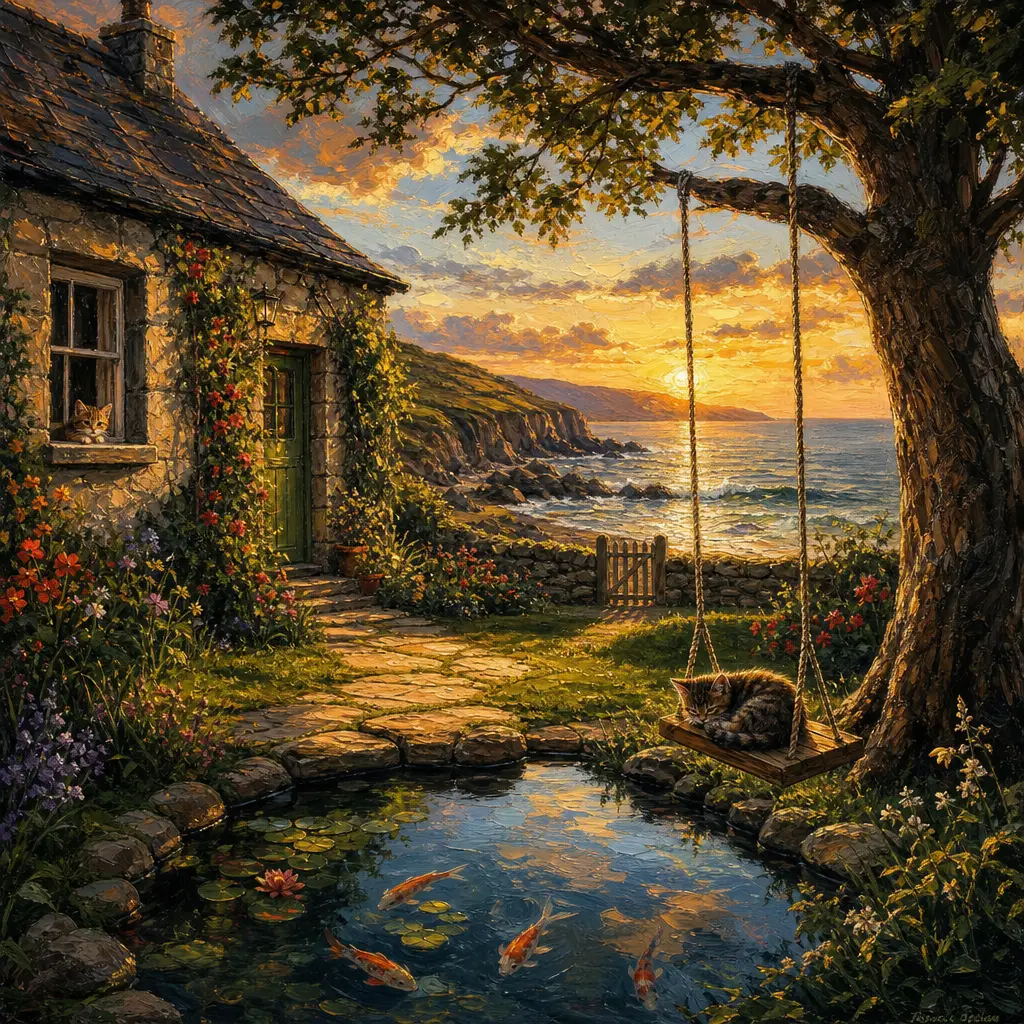 Irish cottage by the sea at warm golden hour