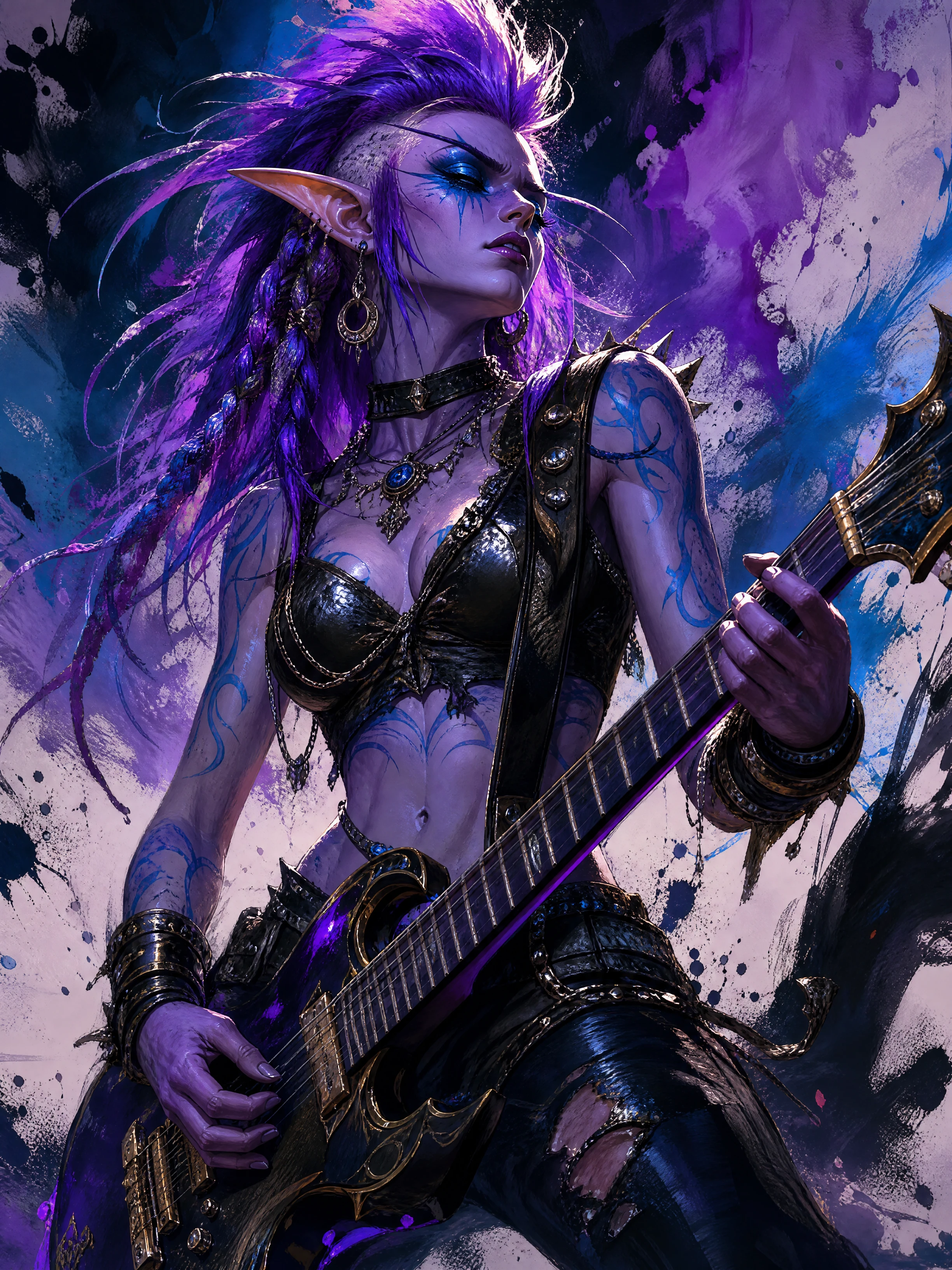 Chitarrista punk elfa della notte in vivide luci di scena fantasy