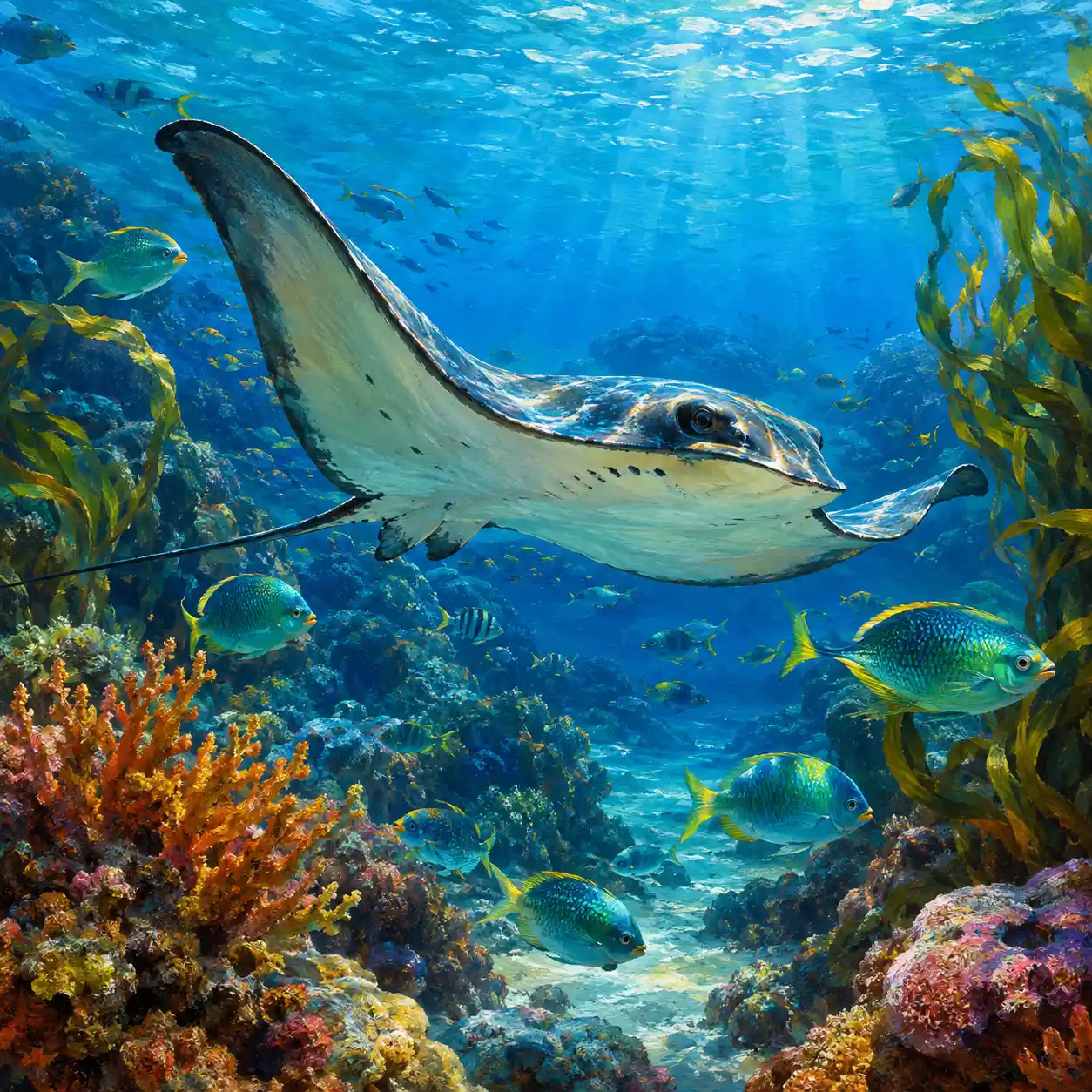 Majestic stingray swimming above a colorful coral reef