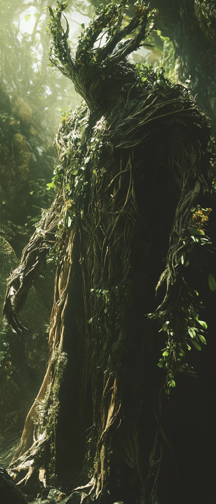 Majestic earth god rising from a lush tropical forest