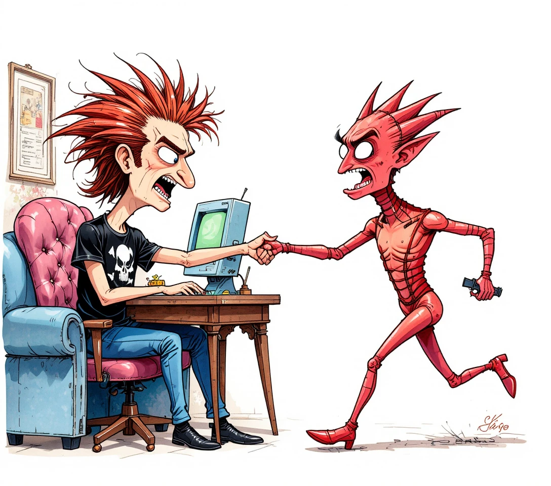 Gestresster Cartoon-Mann an Retro-Computer in geteilte Szene