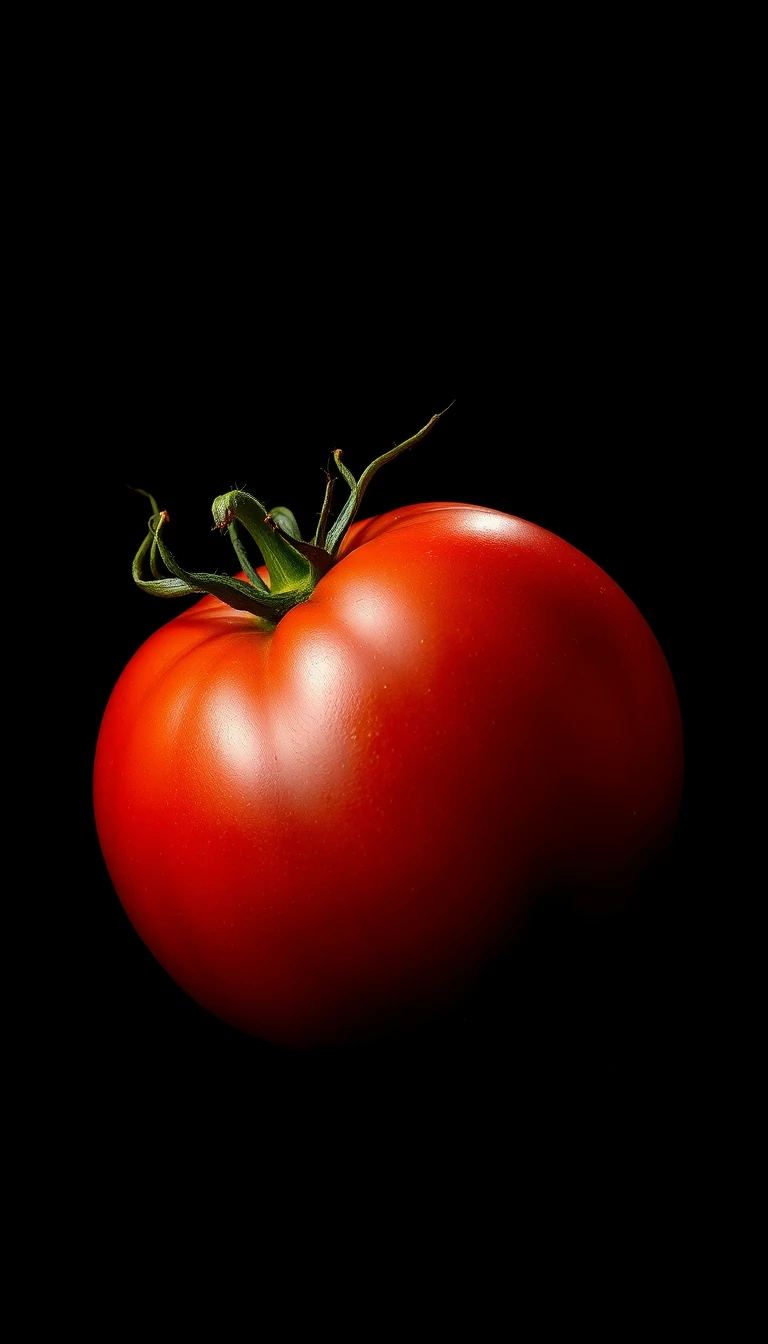 Single ripe tomato on black with dramatic side light