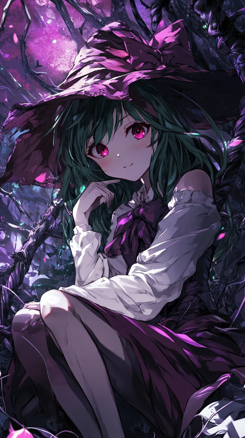 Anime girl in white sweater with red flower and cape