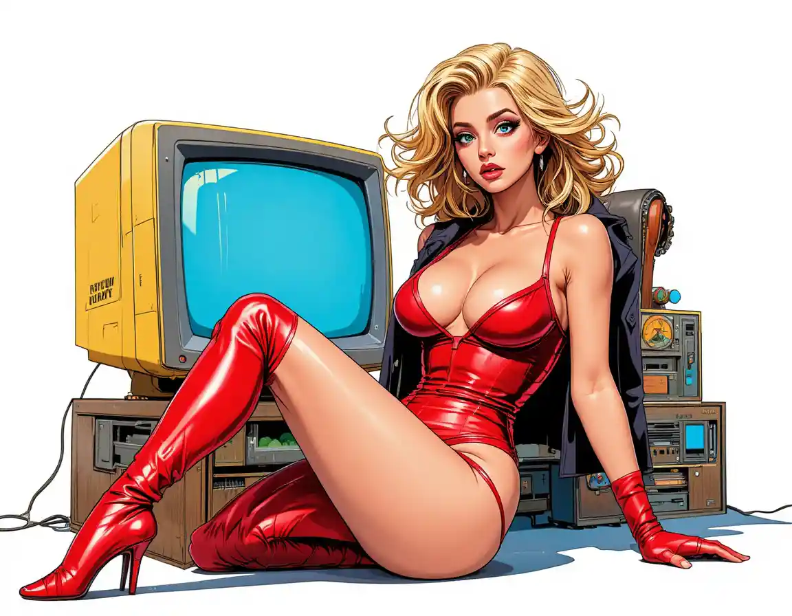Femme blonde enjouée sur ordinateur vintage en style bande dessinée