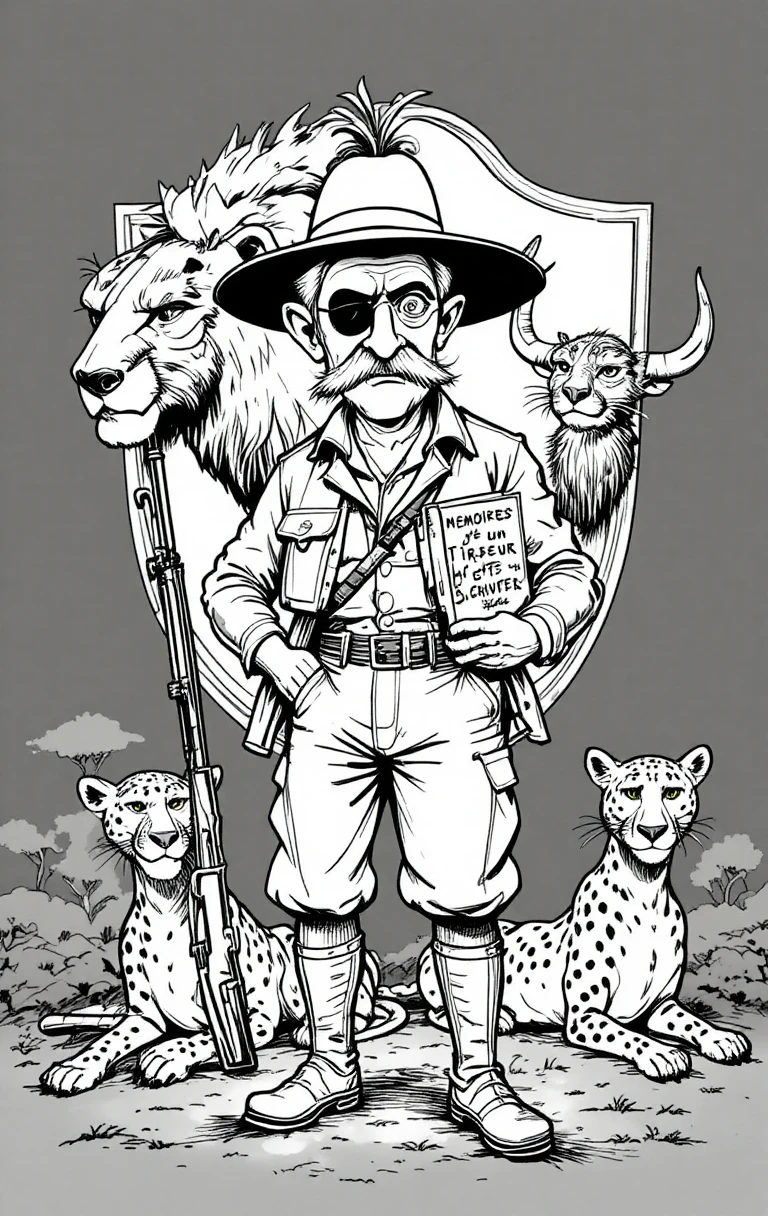 Vintage cartoon safari hunter with rifle and exotic animals