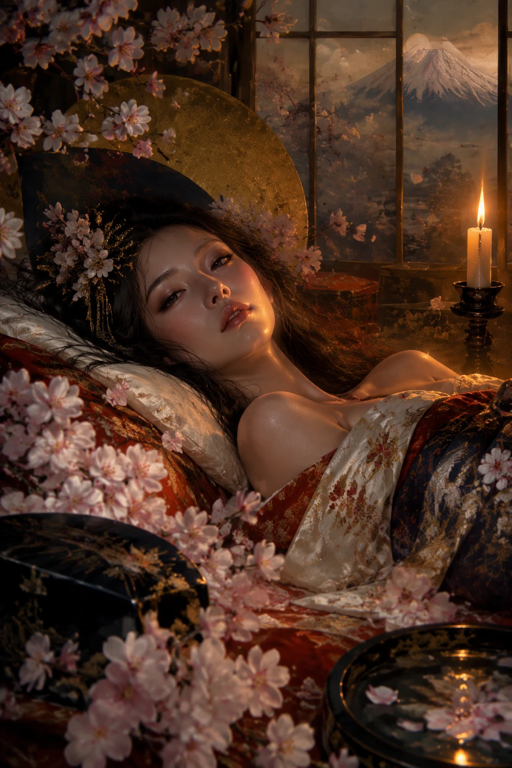 Femme se reposant dans un lit japonais traditionnel avec des fleurs