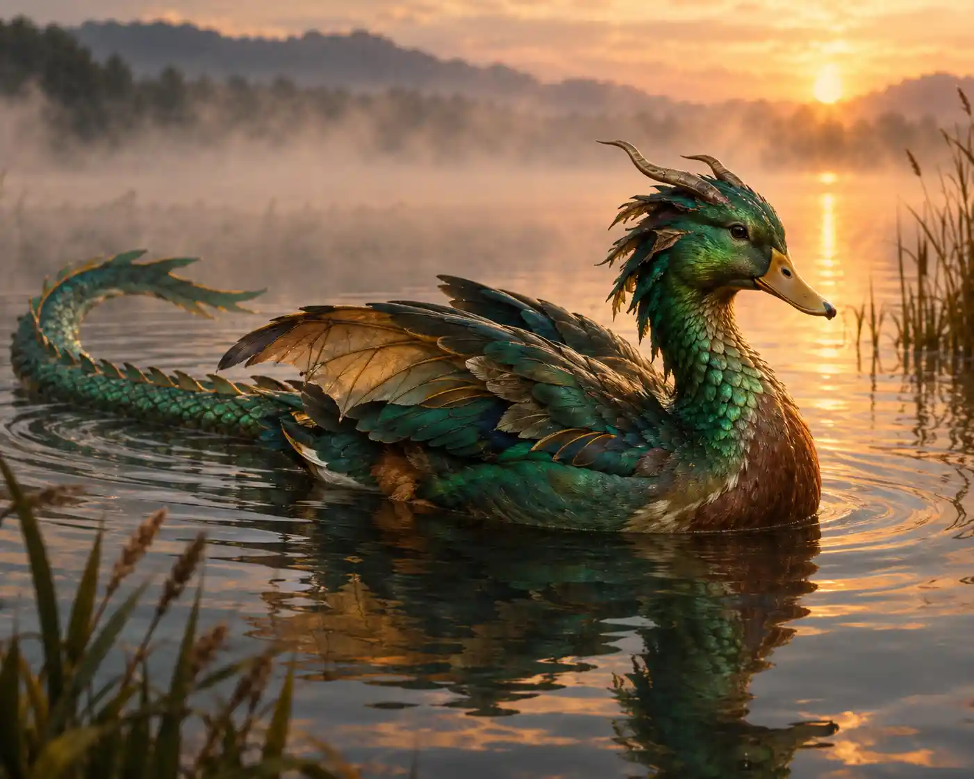 Dragão-pato sereno deslizando sobre um lago calmo e enevoado