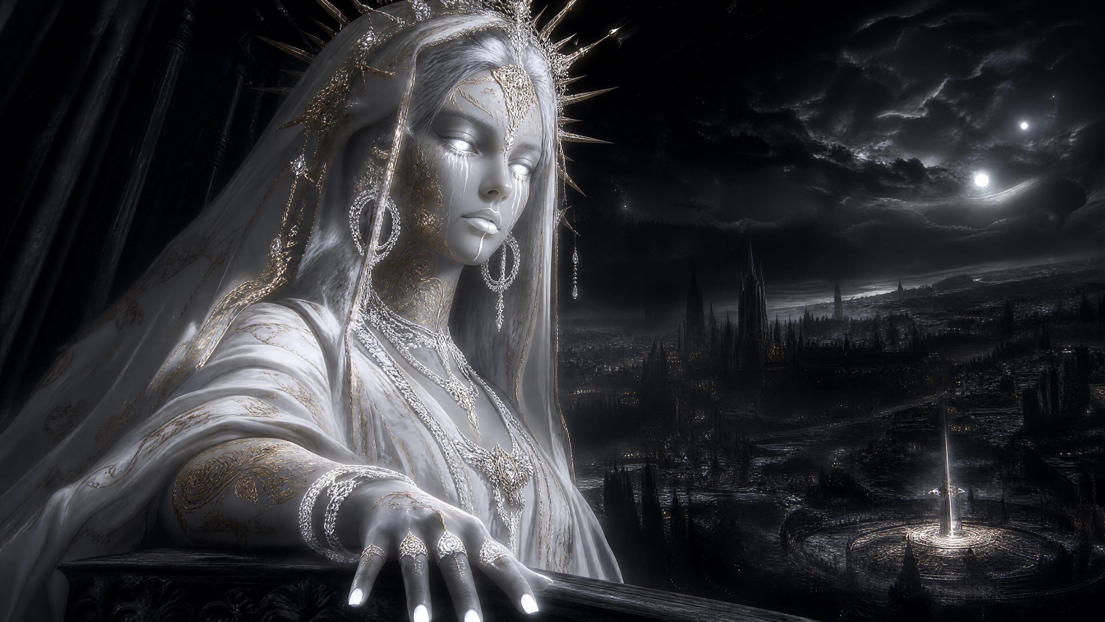 White robed saintess with glowing golden tattoos