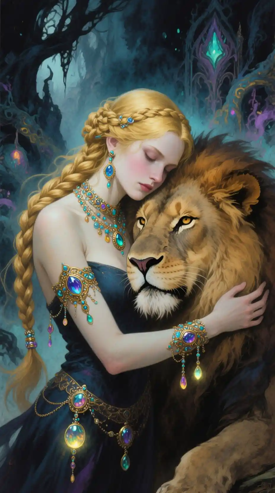 Strega mistica con treccia dorata che abbraccia un maestoso leone