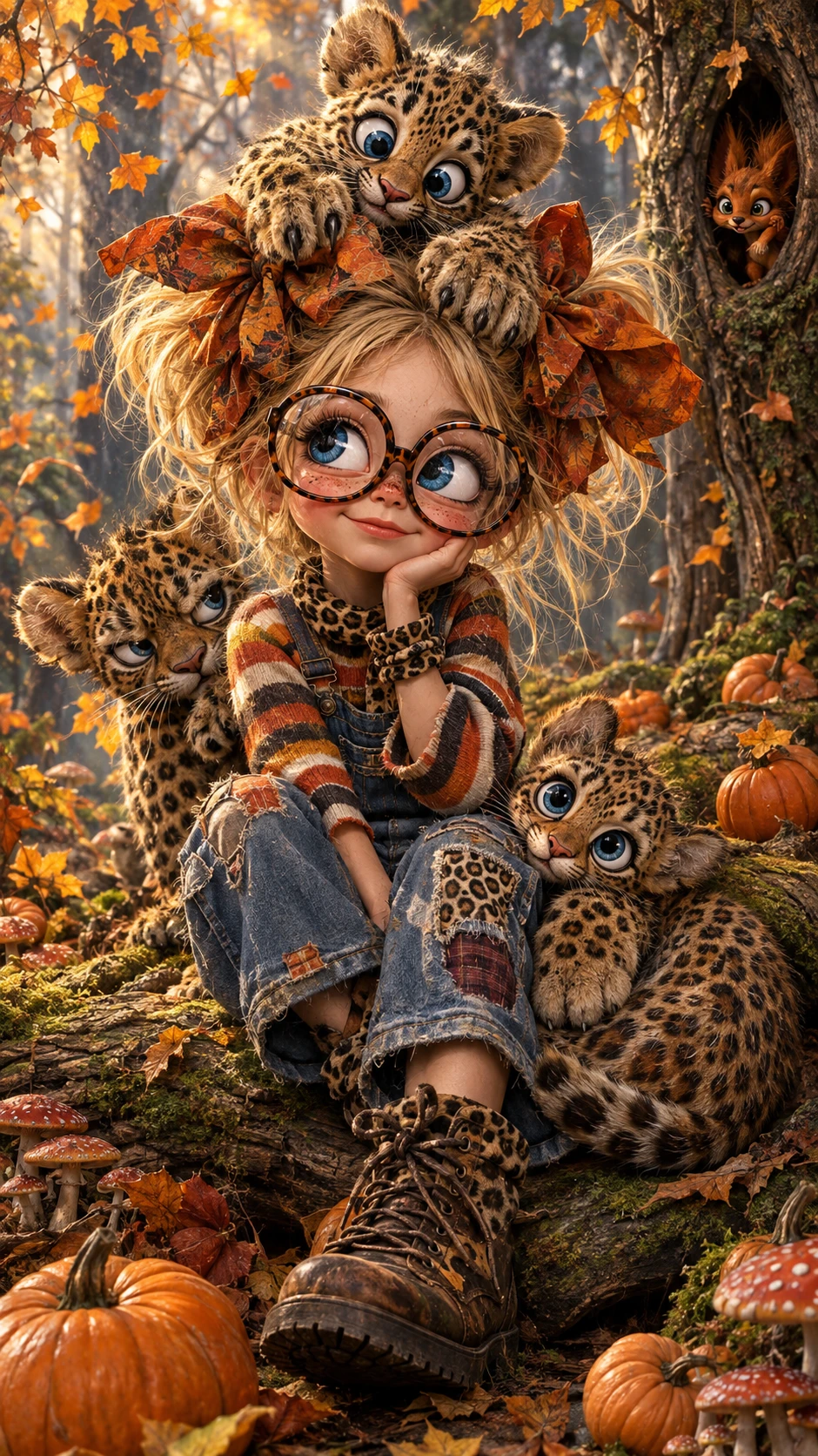 Mädchen mit Leopardenbabys auf einem moosigen Baumstamm im Wald