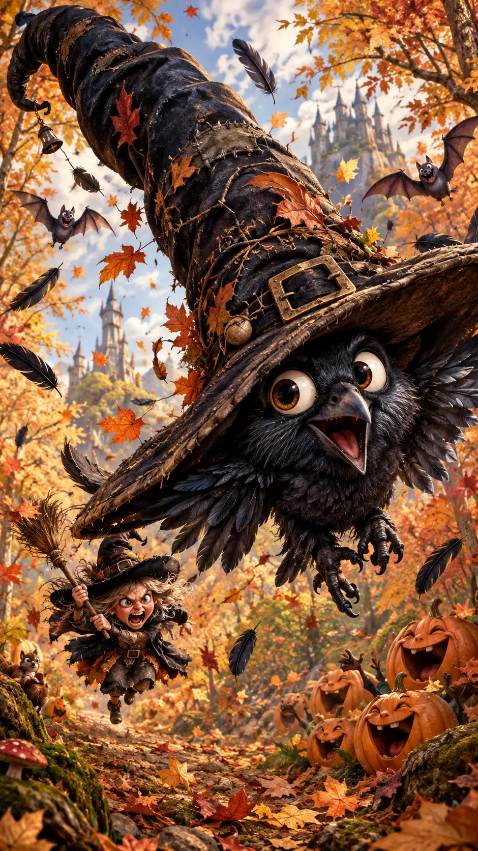 Mischievous raven in giant witch hat over autumn forest